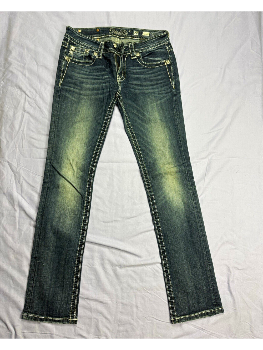 Miss Me Women's Blue Medium Wash Mid-Rise Slim Straight Jeans, Embellished
